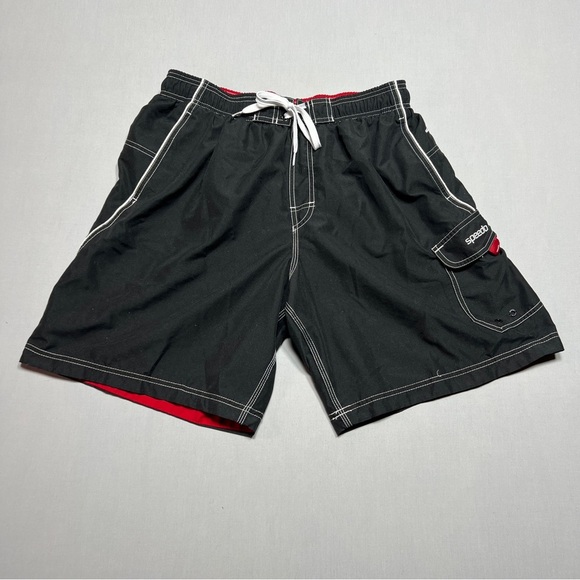 Speedo Shorts Mens Large Black Red Swimming Trunk Bathing Suit Surfing Lined - Picture 1 of 10
